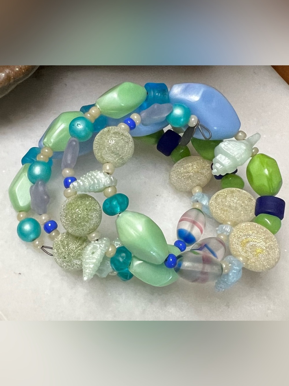 Vintage Teresa Goodall Chunky Blue Mixed Bead Shell Statement Coil Bracelet
